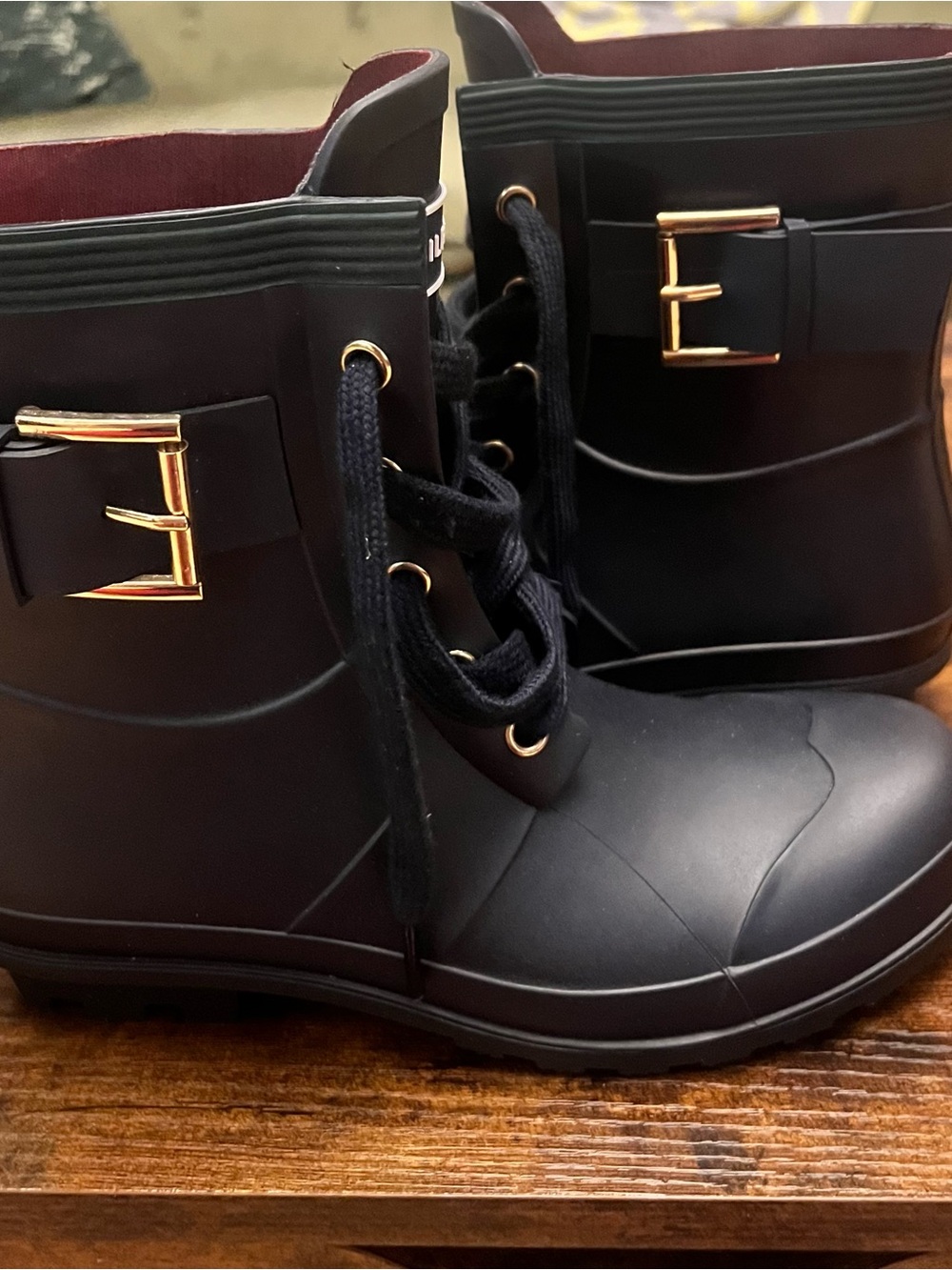 Tommy Hilfiger Timone Navy Lace-Up Rain Ankle Boots with Gold Buckle